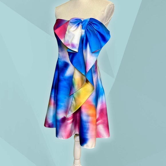 Marchesa Notte ‘Bow Printed Strapless Dress’ in Rainbow Multicolor Watercolor 4 - Picture 5 of 16